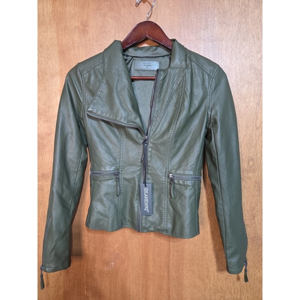 BLANKNYC Vegan Leather Moto Jacket Womens XS Olive Green Asymmetric Zip New Tag